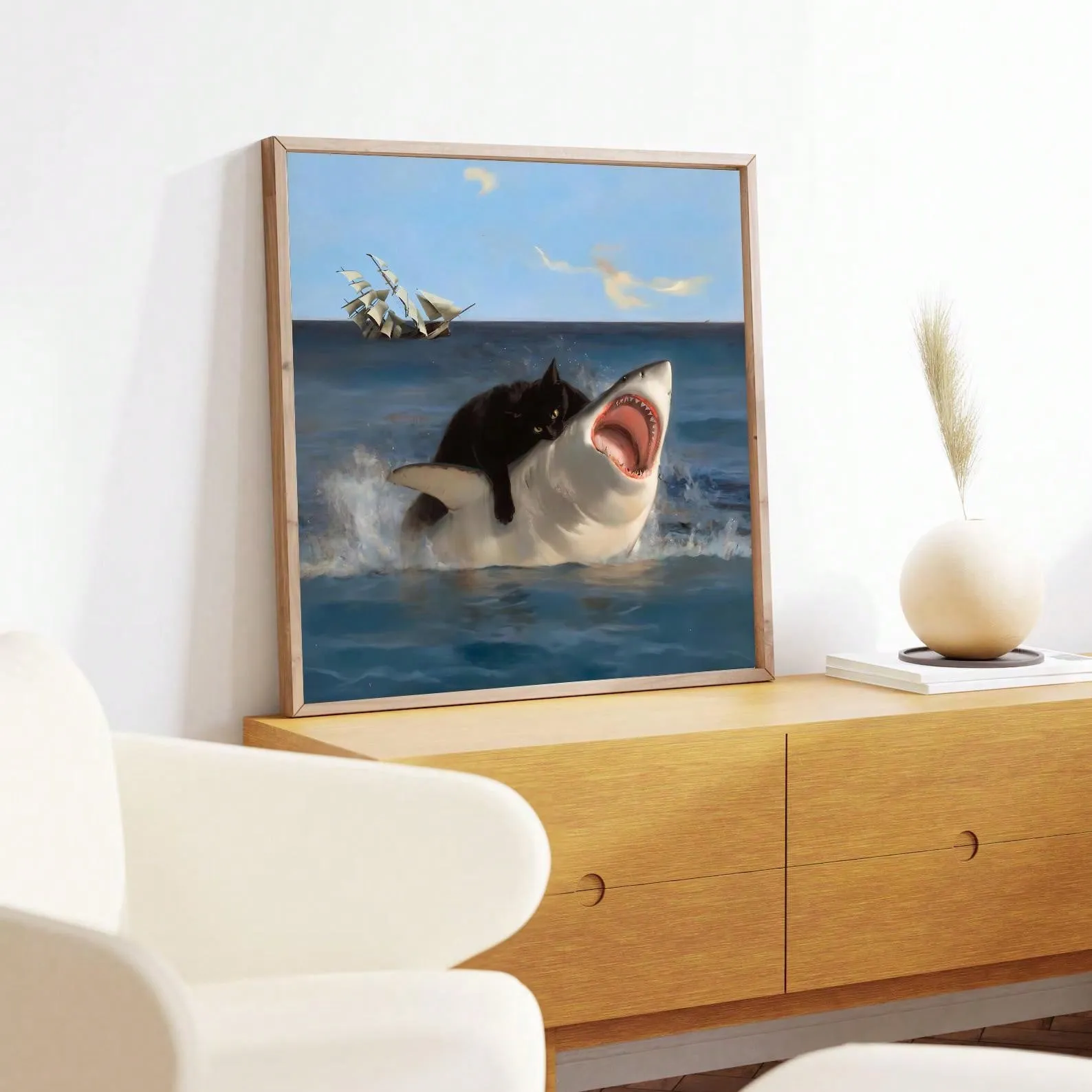 Chat Gros et Joueur & Requin Toile - Décoration Murale Style Renaissance clectique