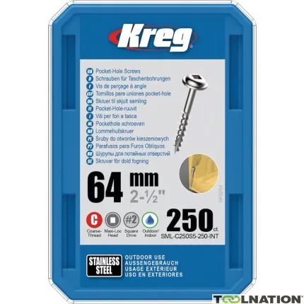 Kreg SML-C250S5-250-INT Vis à trou borgne 64 mm acier inoxydable Maxi-Loc à filetage grossier 250 pcs