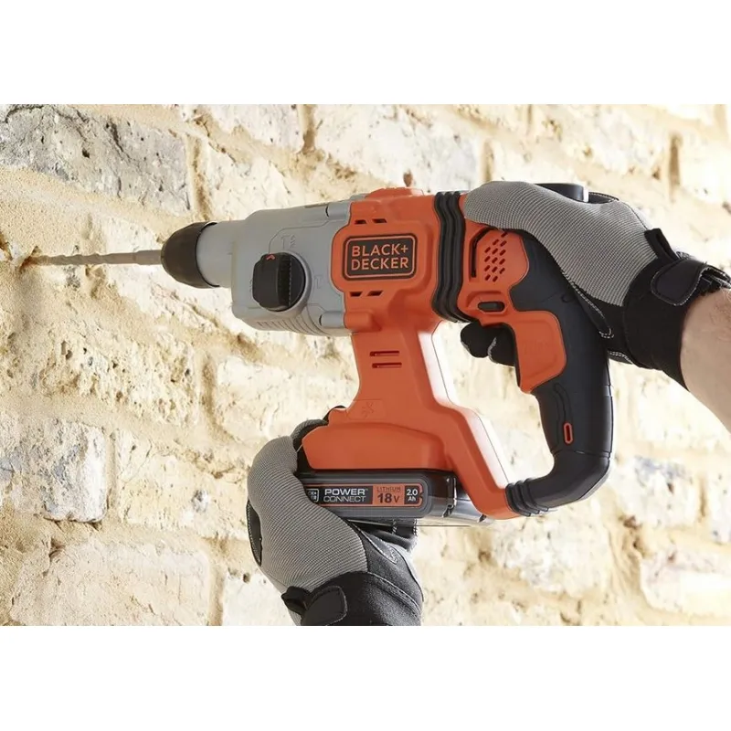 Marteau Perforateur sans fil 18V SDS+ 1,2 Joules + Batterie 2.0Ah BLACK+DECKER BCD900D1S-QW Eclairage LED Sac Souple B+D