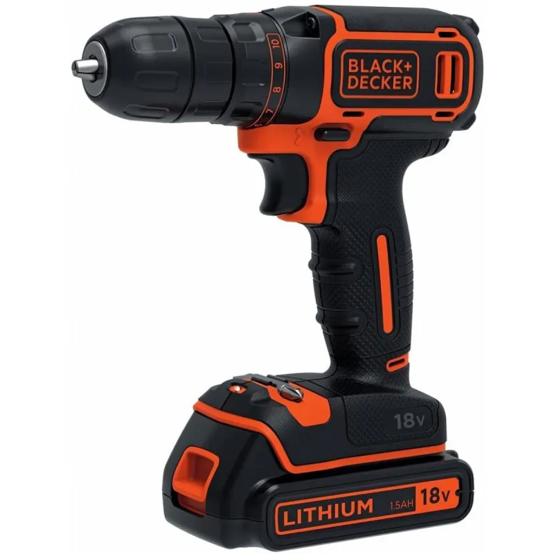 Perceuse Visseuse sans fil 18V Batterie lithium 1,5 Ah Black + Decker Chargeur Mallette