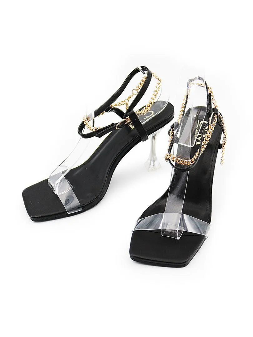 Sandale à talon simili cuir avec chaine doré