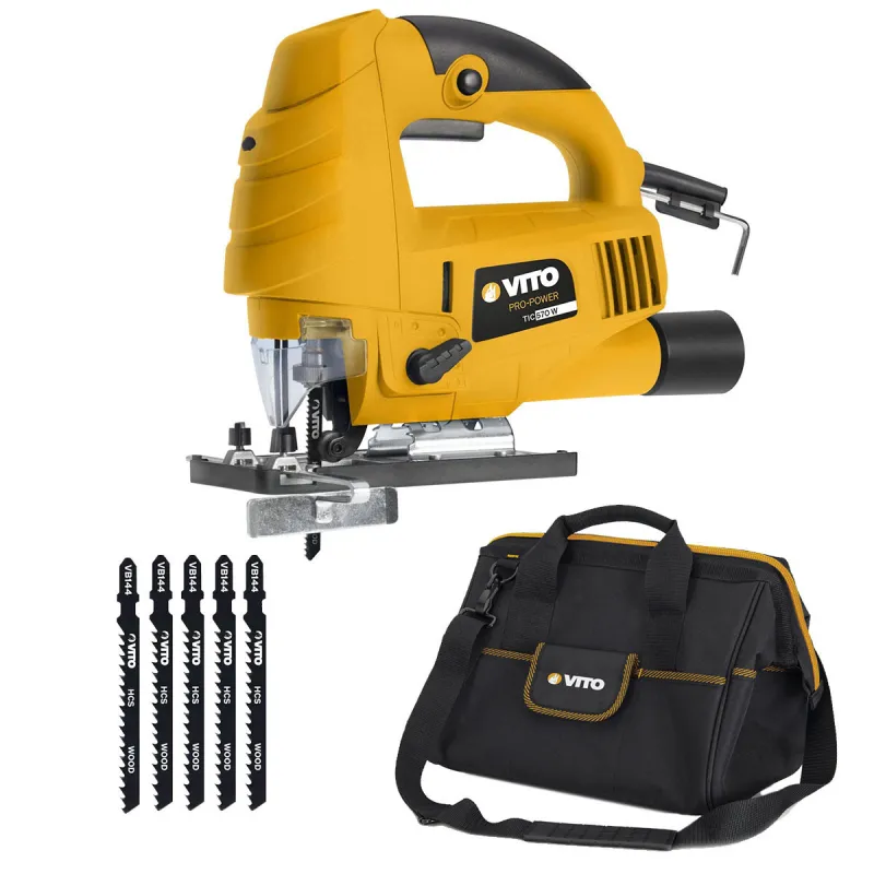 Scie sauteuse 570W 6 Vitesses Coupe Bois Acier Aluminium + 5 lames bois 100mm + Sac à outils VITO