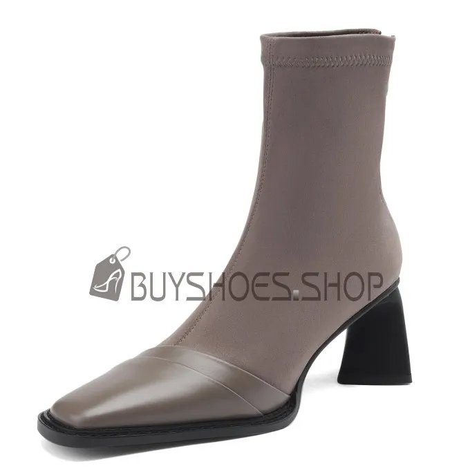 Talon Carré Chaussette Daim Habillées Bottine A Talon Mi Haut Cuir Talon Epais Boots Femme