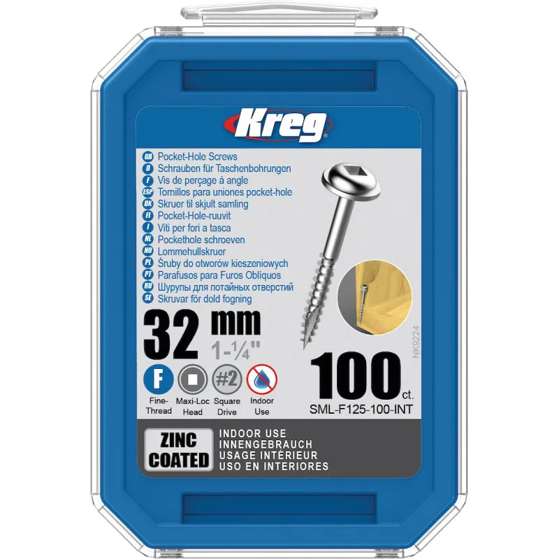 Vis trous de poche Kreg 32mm - Zinc / Maxi-Loc - Filetage fin - 100pcs